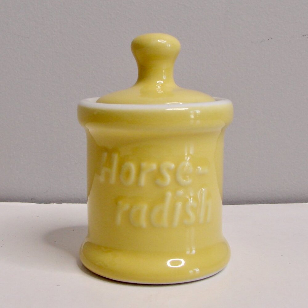 Vintage Hall Pottery Yellow Horseradish Condiment Jar Kitchenalia RARE